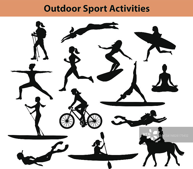 户外训练及体育活动。女性的剪影。妇女游泳，徒步旅行，跑步，骑自行车，做瑜伽，徒步旅行，潜水，皮划艇图片素材
