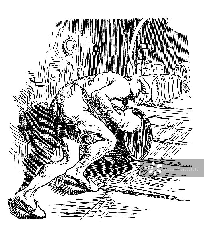 可怜的裸男，后视镜，像西西弗斯一样卷起桶子，他的衣服:鞋子，手套和一顶长袜帽——1867年图片素材