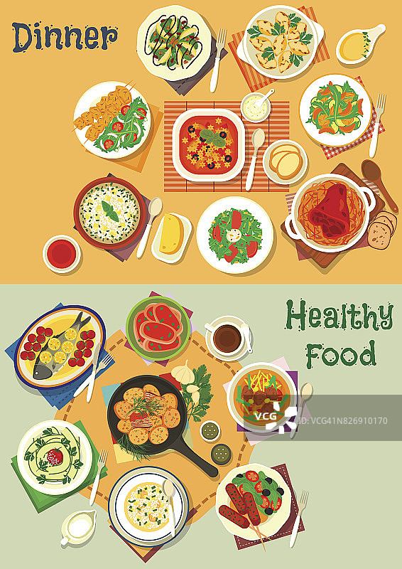 健康午餐和晚餐食物图标设置设计图片素材