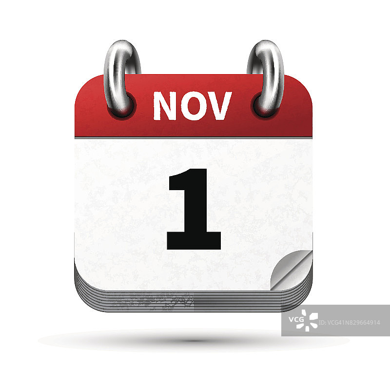 明亮现实的日历图标与11月1日孤立的白色图片素材