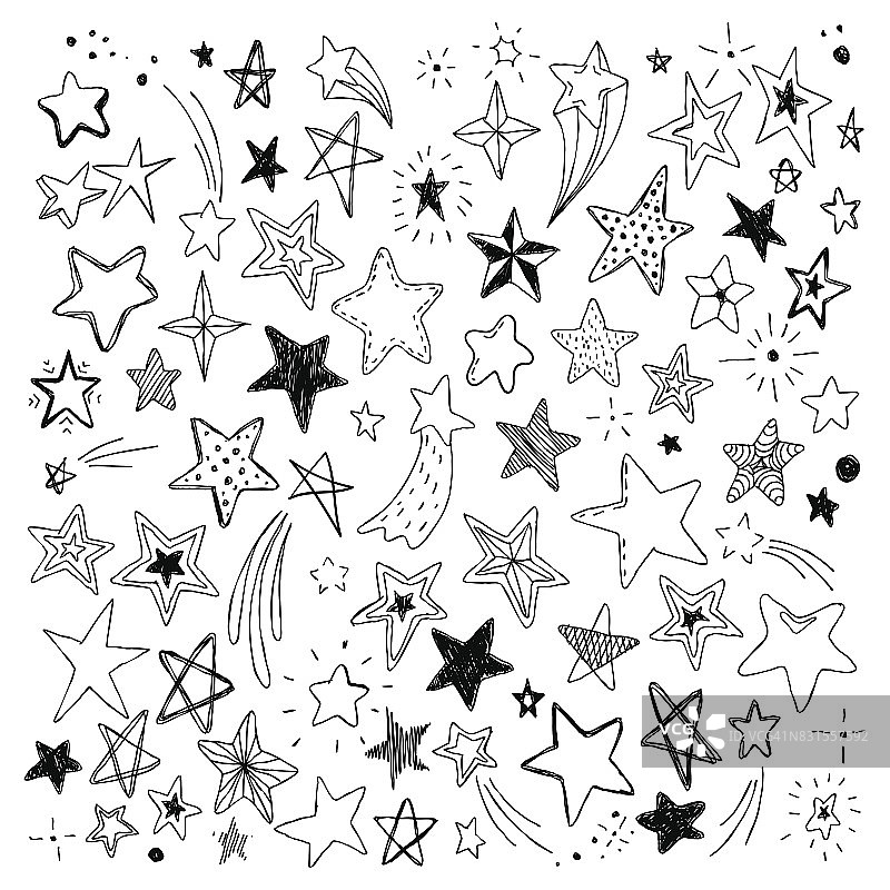 大套手绘涂鸦星星黑色和白色孤立的背景图片素材