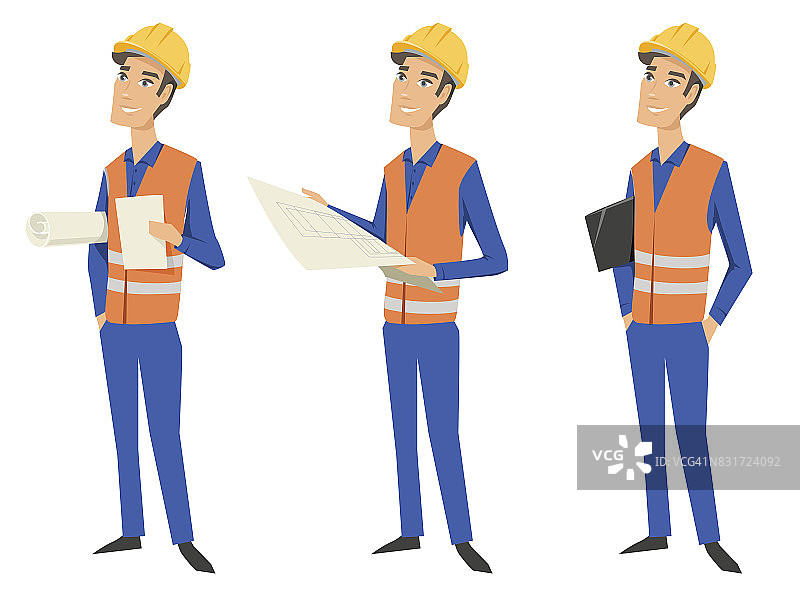 三个完整的字符(建筑师，工程师或工人)穿着防护服(防护背心和安全帽)，看蓝图，拿着文件和文件夹。图片素材