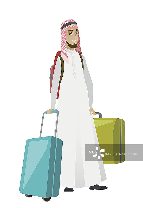 年轻的穆斯林男子带着许多行李箱图片素材