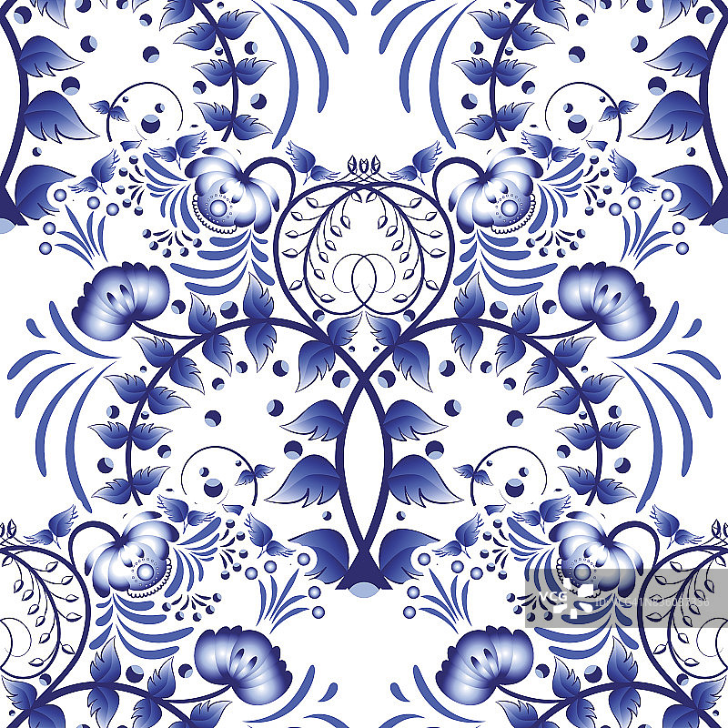 无缝图案的基础上，瓷画gzhel风格。具有民族风格的装饰。白色背景上的蓝色花画。图片素材