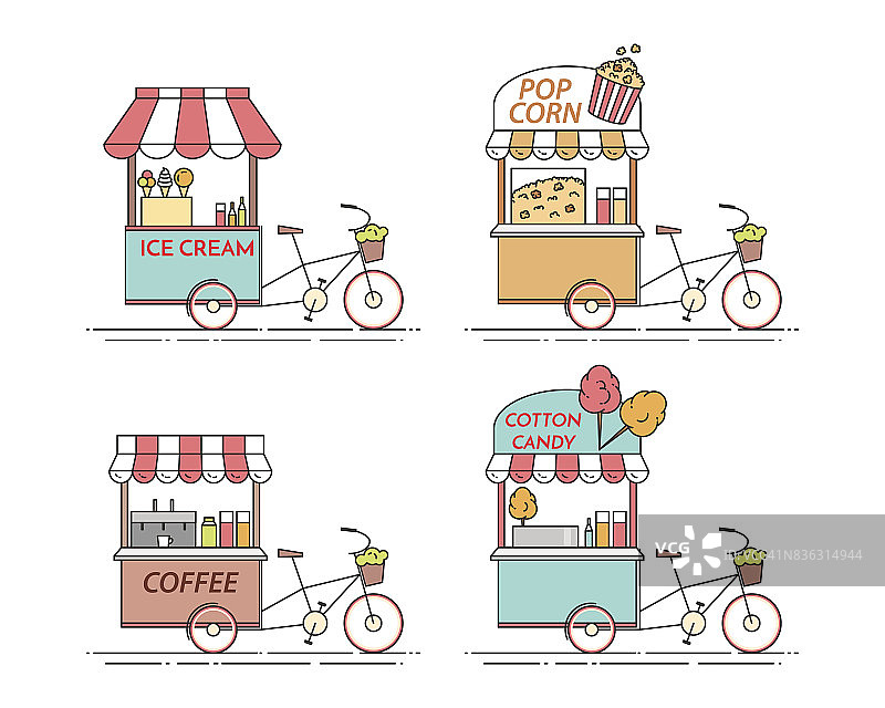 城市元素咖啡，爆米花，冰淇淋，棉花糖自行车。车轮上的车。食品和饮料亭。图片素材