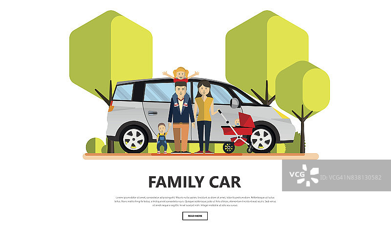 户外公园有家庭车的幸福家庭。矢量插图。图片素材