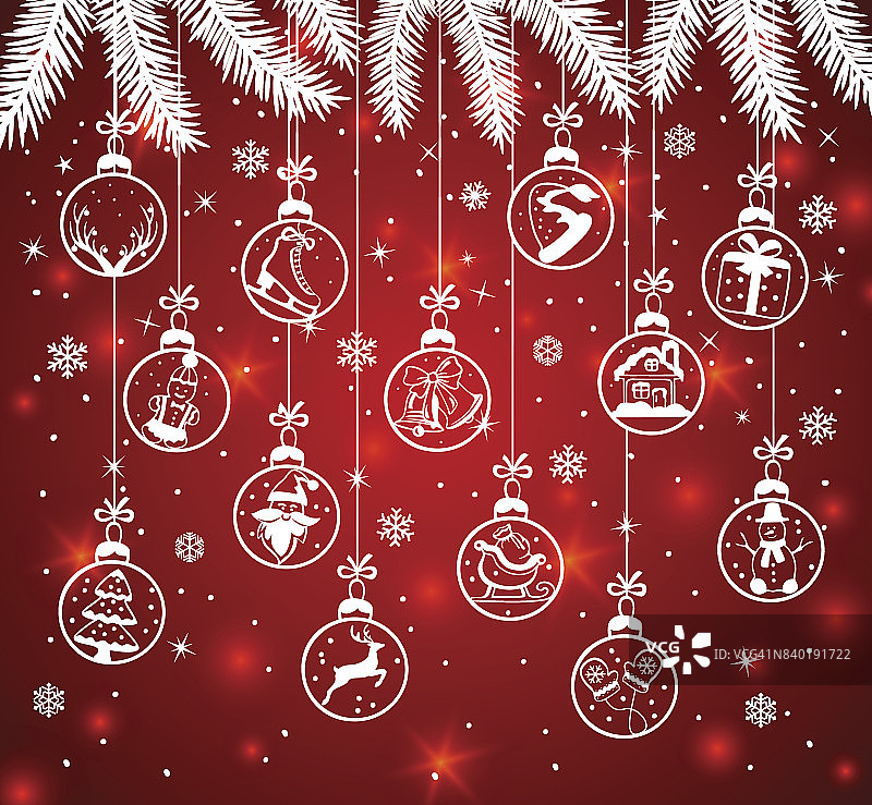 圣诞快乐和新年快乐的冬季贺卡背景与圣诞装饰元素挂球在长青冷杉松树树枝在红色和白色的颜色图片素材