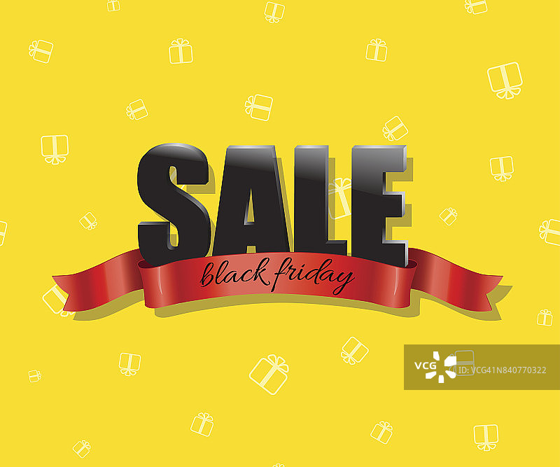 黑色星期五销售矢量插图。黑色文字与红色丝带在黄色假日背景。图片素材