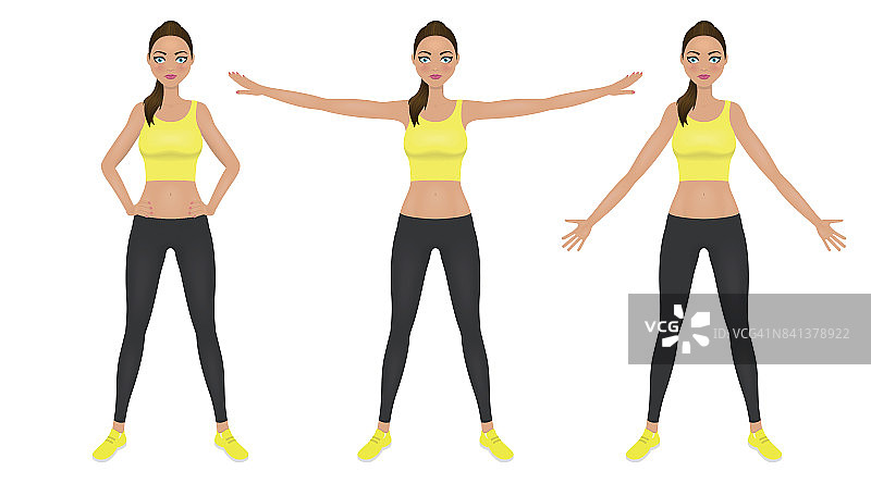 热身适合漂亮的女人在黄色露脐上衣和紧身裤。运动女孩在不同的姿势训练。向量的性格。图片素材