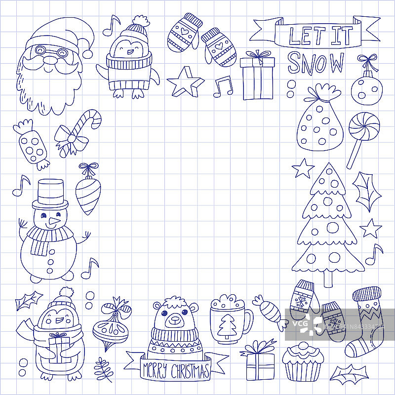 圣诞圣诞新年矢量涂鸦与圣诞老人，企鹅，雪人，熊，礼物，圣诞装饰图标图片素材