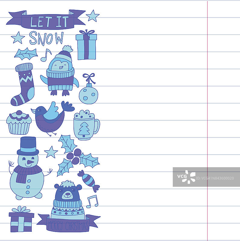 圣诞圣诞新年矢量涂鸦与圣诞老人，企鹅，雪人，熊，礼物，圣诞装饰图标图片素材