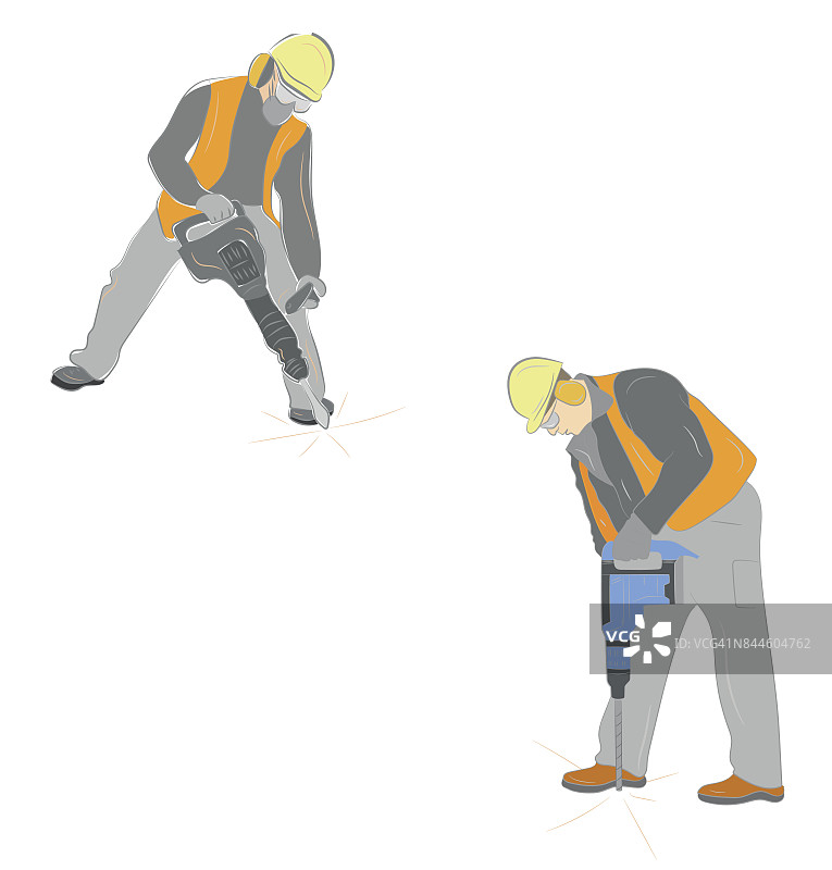 一套工人用风动锤钻设备隔离在白色上。矢量图图片素材