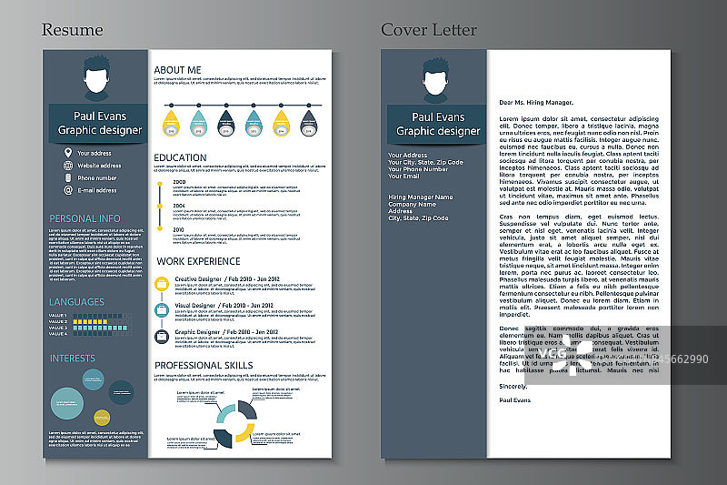 收集简历和求职信。现代CV设置与信息图表元素。图片素材