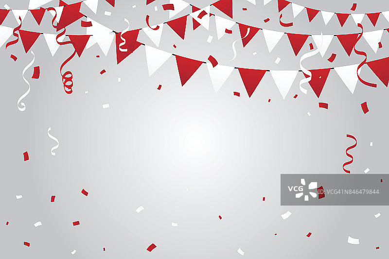 红色和白色的派对旗帜与五彩纸屑和飘带。庆典背景矢量插图图片素材