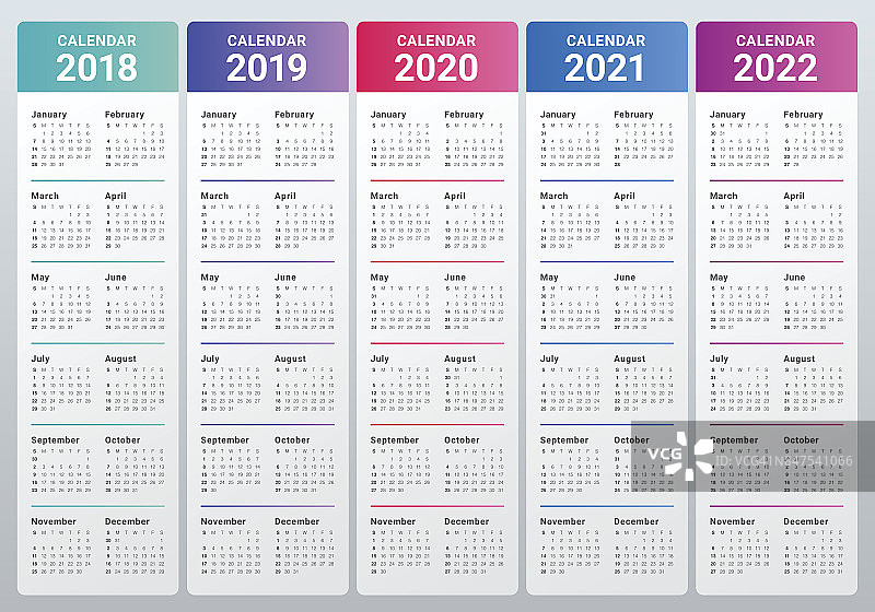 2018年2019年2020年2021年2022年日历矢量图片素材