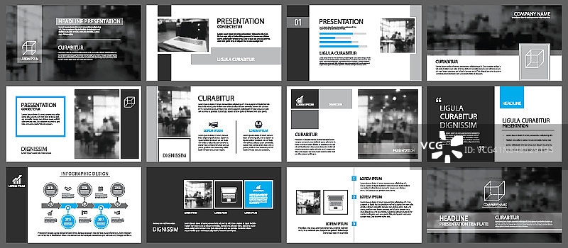 黑色和蓝色元素为幻灯片信息图的背景。表示模板。用于商业年度报告，传单，企业营销，传单，广告，小册子，现代风格。图片素材
