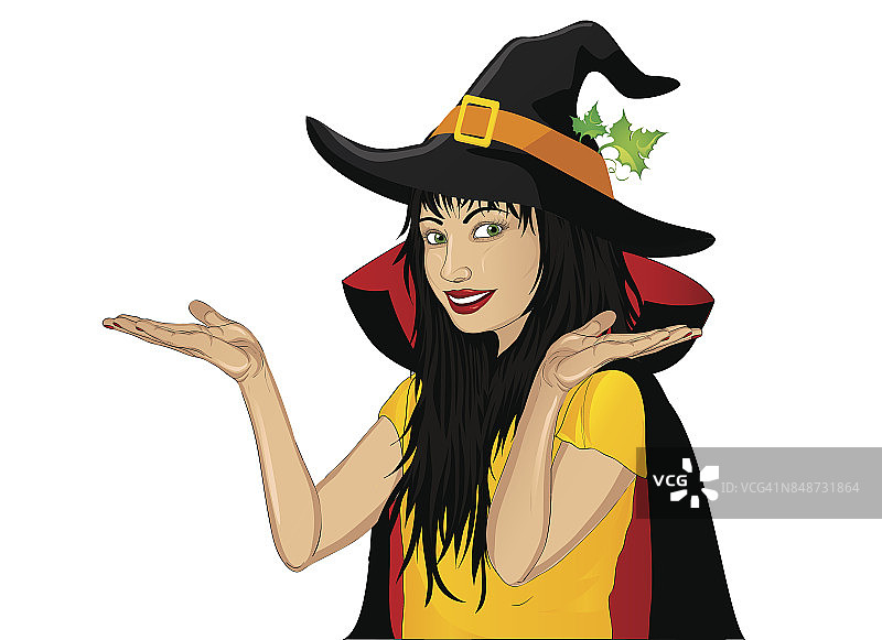 万圣节。快乐的女人戴着帽子，穿着女巫服装，双手在你的文字或广告的空白位置做手势。哇。向量。贺卡或假日或聚会的请帖。波普艺术风格图片素材