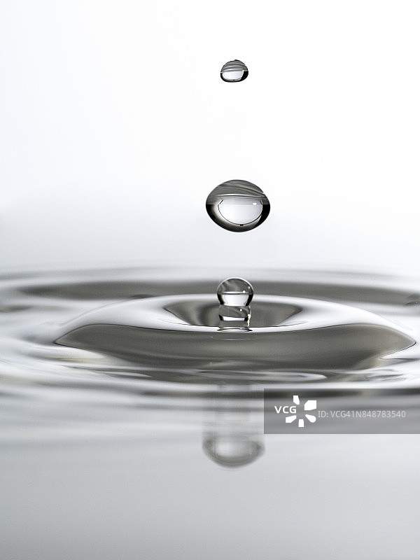 一组水滴悬在空中，落在水面上，形成图形和抽象形式，在白色的背景上图片素材