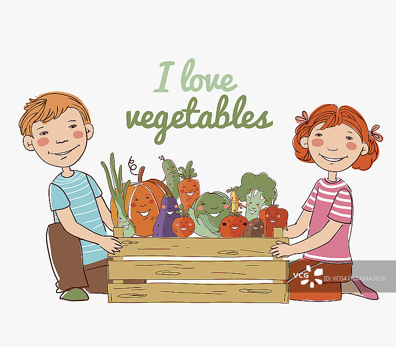 微笑的男孩和女孩带着一个装满新鲜蔬菜的木箱图片素材