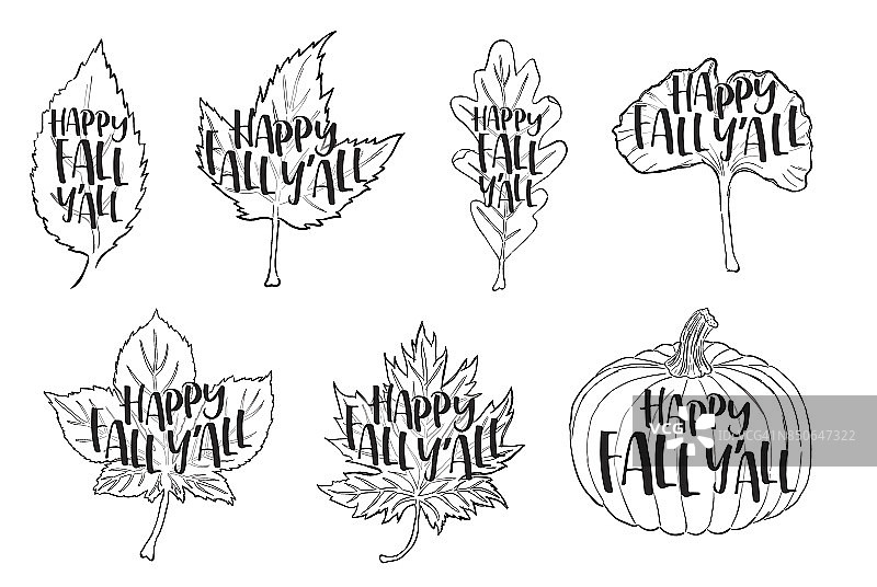一套矢量秋叶和南瓜与“快乐的秋天你都”手绘文本图片素材