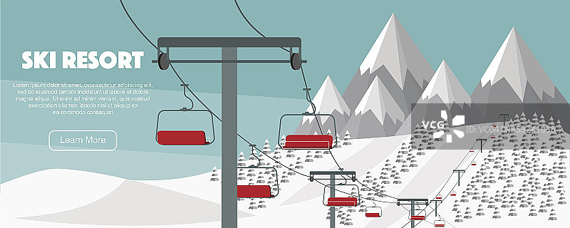 滑雪胜地，提升平面矢量插图。阿尔卑斯山，冷杉树，山峦广博全景背景。图片素材