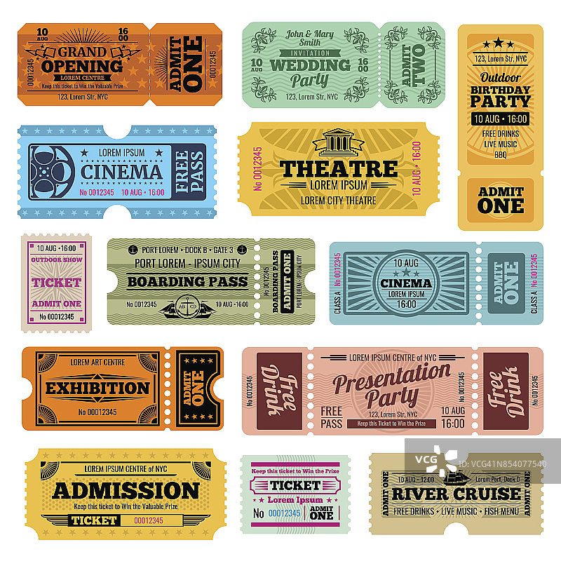 马戏团，派对和电影矢量老式入场券模板图片素材