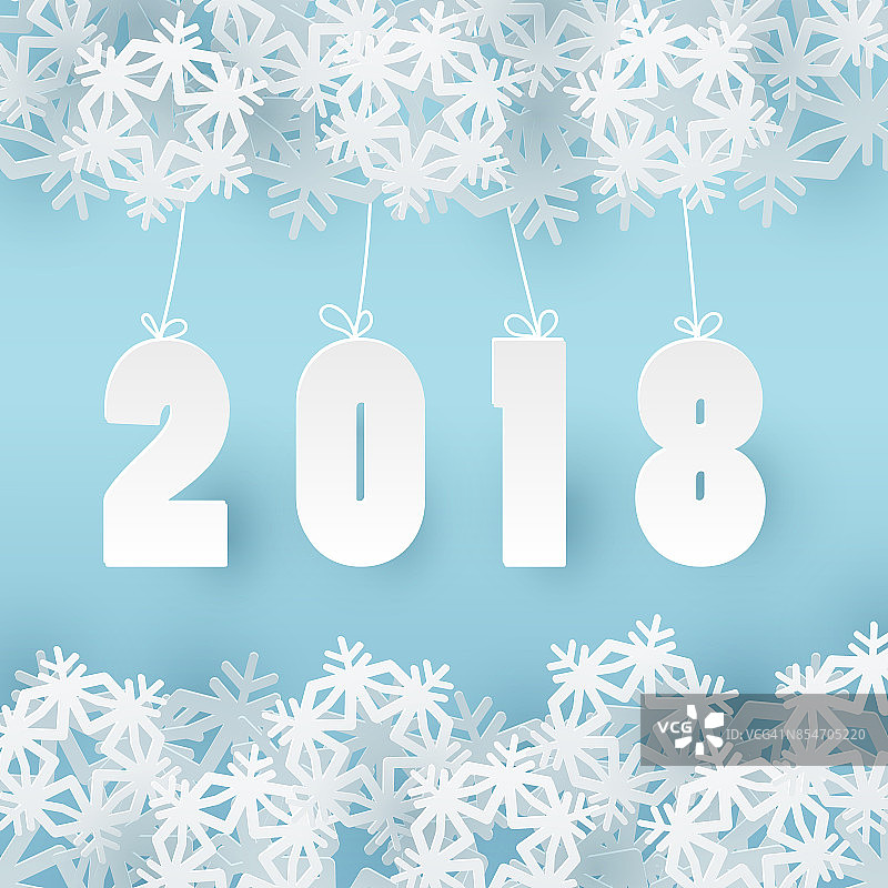 2018新年快乐背景与3d纸工艺雪花。贺卡纸号设计图片素材
