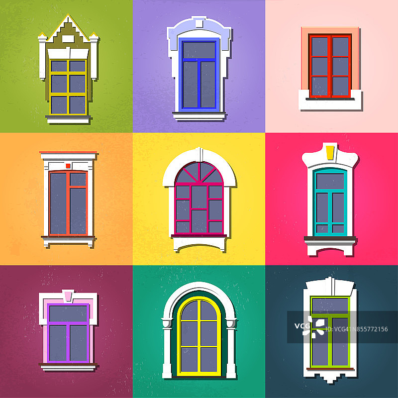 矢量组的平面复古装饰不同的窗户五颜六色的垃圾门面。图片素材