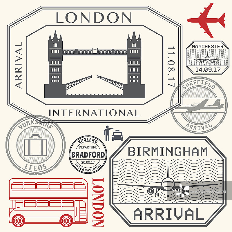 旅行邮票或标志设置了英格兰、伦敦和英国图片素材