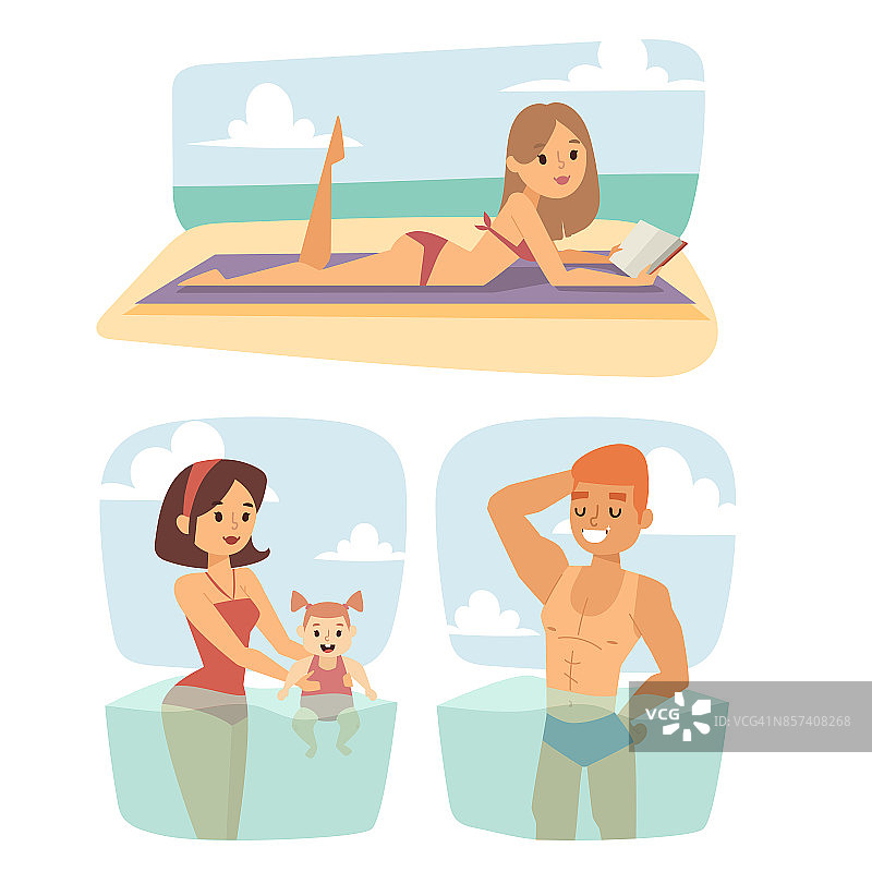 人们在海滩户外，夏日生活方式阳光乐趣假期快乐时光卡通人物矢量插图图片素材