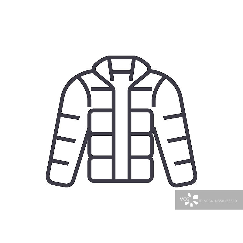 冬季夹克，羽绒服，户外服装矢量线图标，标志，插图的背景，可编辑的笔画图片素材