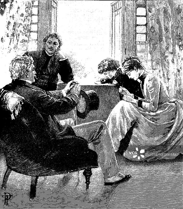 19世纪的故事插图描绘了一对母女坐在窗边工作，两个男人坐在房间的另一边;维多利亚家庭生活1893图片素材