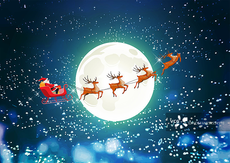 圣诞快乐，圣诞老人驾着雪橇在星空上奔驰图片素材