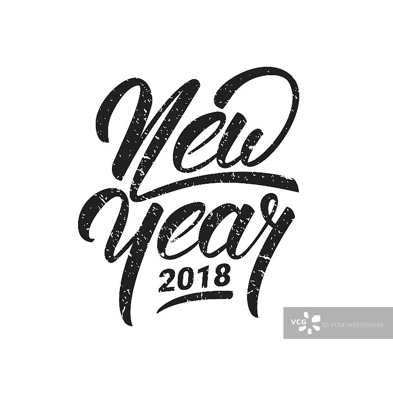 新年。2018年新年快乐，带有垃圾摇滚复古纹理的手写字母。手绘图标为新年贺卡，海报，设计等。图片素材