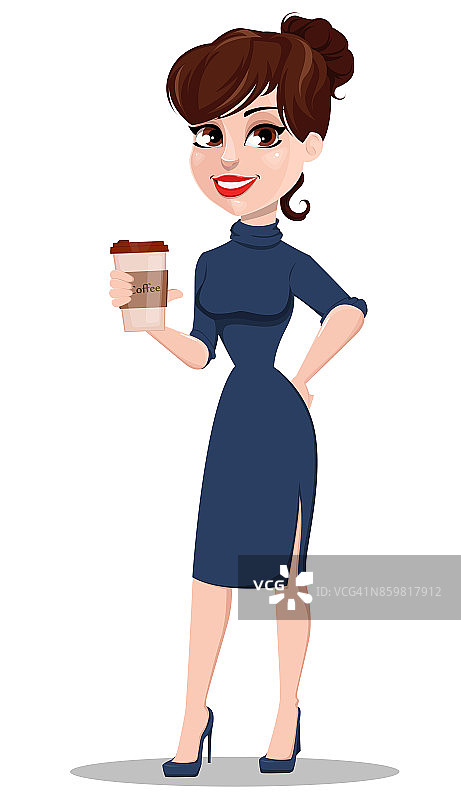 年轻的卡通的商人。端着一杯咖啡的漂亮女士。图片素材