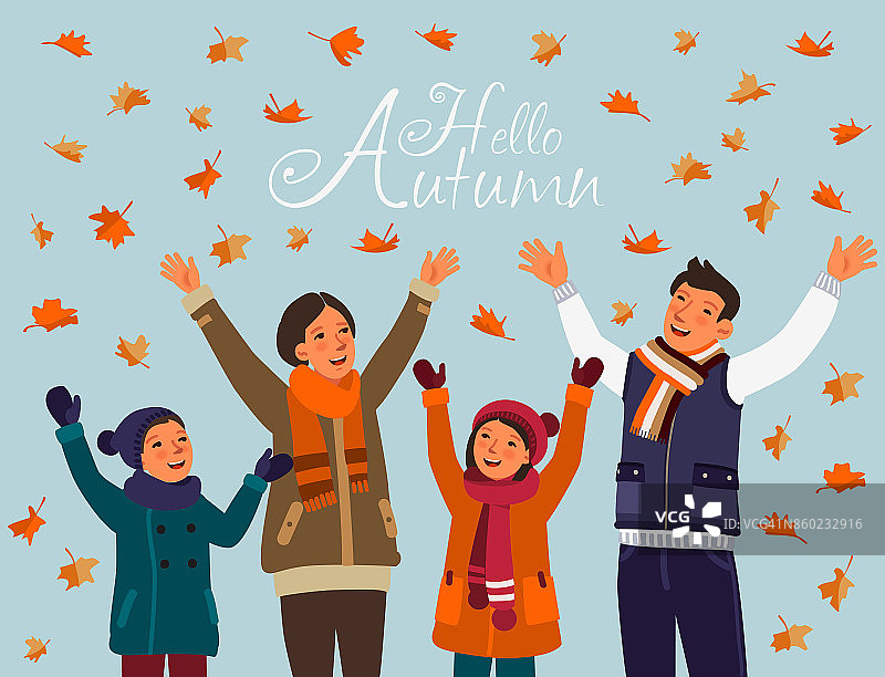 快乐的家庭在公园玩秋叶。秋天的风景背景图片素材