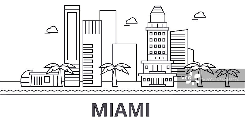 迈阿密建筑线天际线插图。线性向量的城市景观与著名的地标，城市景观，设计图标。风景与可编辑的笔触图片素材