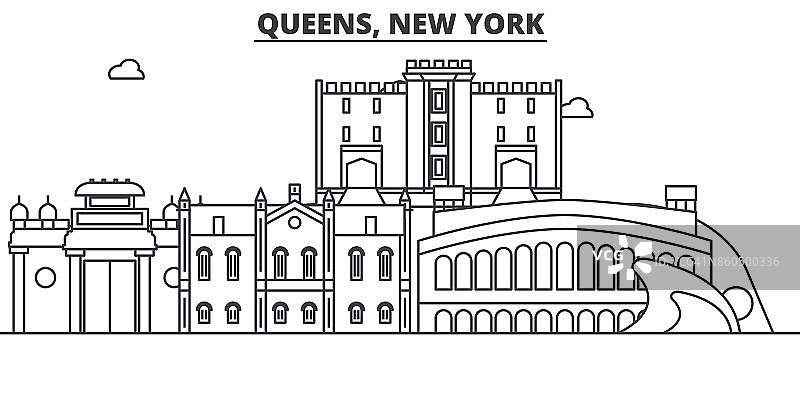 皇后区，纽约建筑线天际线插图。线性向量的城市景观与著名的地标，城市景观，设计图标。风景与可编辑的笔触图片素材