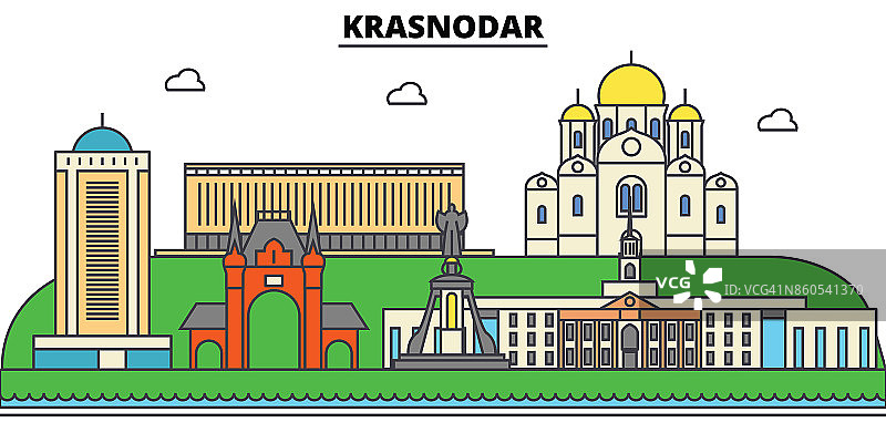 俄罗斯,Kransodar。城市天际线，建筑，建筑，街道，剪影，景观，全景，地标。可编辑的中风。平面设计线矢量插图概念。孤立的图标集图片素材