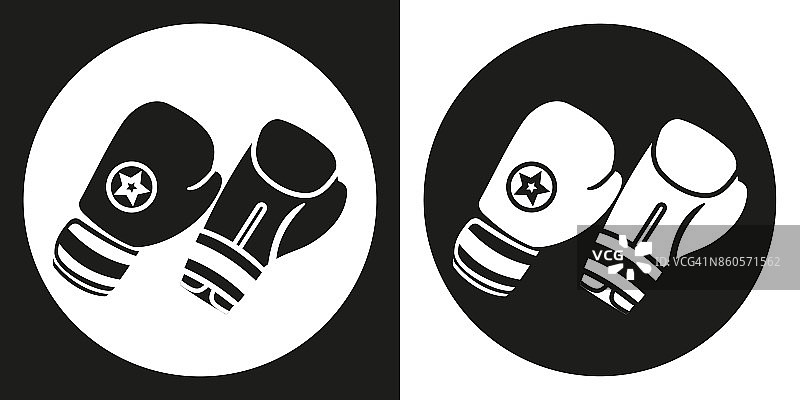 拳击手套图标。剪影拳击手套在一个黑色和白色的背景。运动器材。矢量插图。图片素材