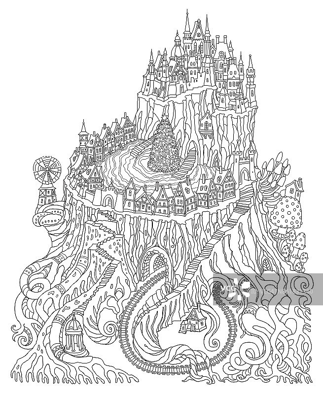 抽象的奇幻景观。童话般的中世纪城堡，奇异的树桩上有圣诞树。风格化的蕨类叶子，蘑菇。t恤打印。成人和儿童涂色书页。黑色和白色图片素材