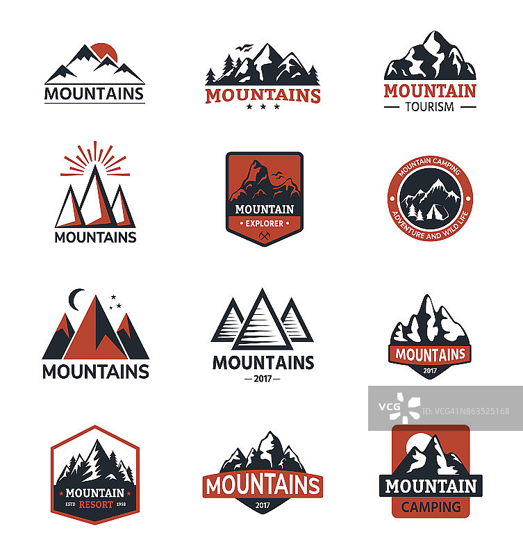 山向量剪影旅游徽章自然户外岩石雪顶景观攀登山山顶登山插画图片素材