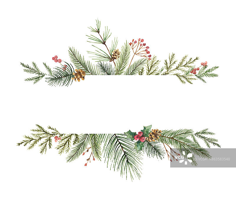 水彩向量圣诞旗帜与冷杉树枝和文字的地方。图片素材