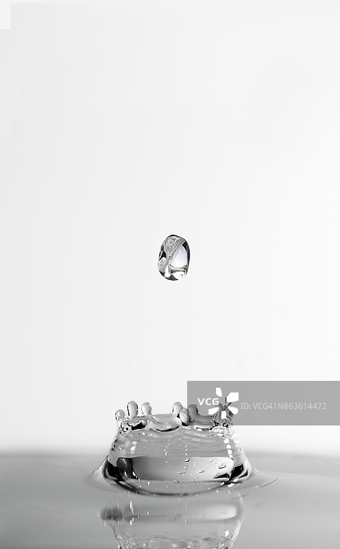 一组水滴悬在空中，落在水面上，形成图形和抽象形式，在白色的背景上图片素材