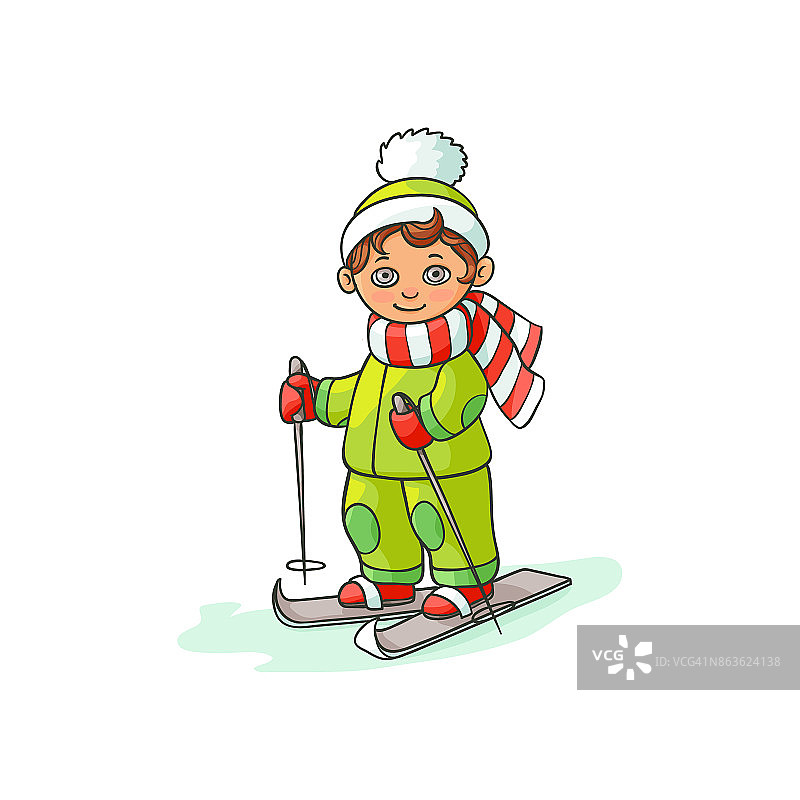 矢量平面卡通男孩滑雪孤立图片素材