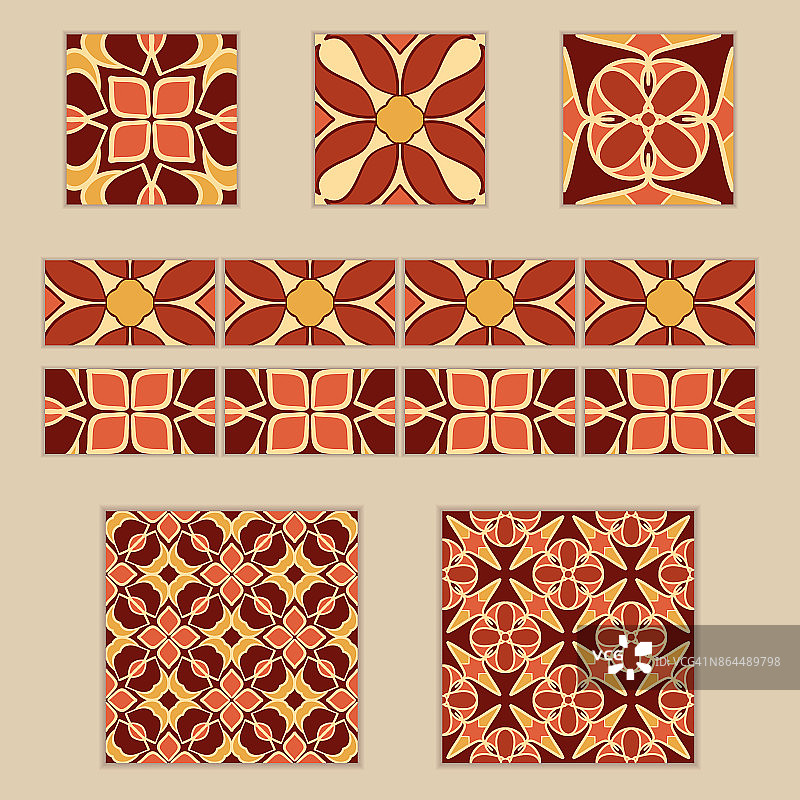 摩洛哥瓷砖和边界的向量集。为设计和时尚收集的彩色图案图片素材