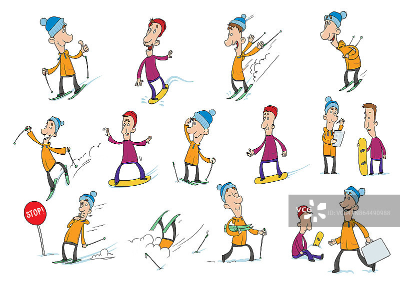 卡通人物，滑雪者和滑雪板运动员。冬季运动，单板滑雪和滑雪。矢量插图，孤立在白色背景。图片素材