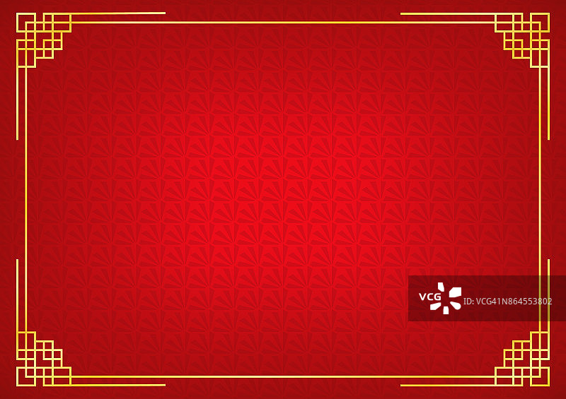 红色中国小扇子抽象背景与金色边框图片素材