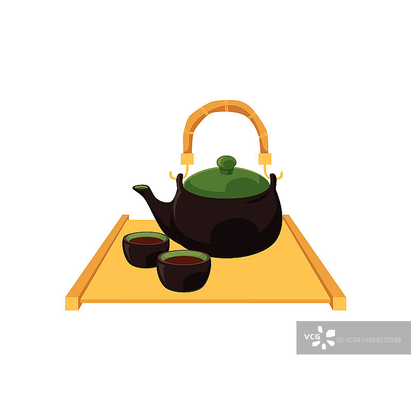 木制三脚架上的中式日式茶壶和茶杯图片素材
