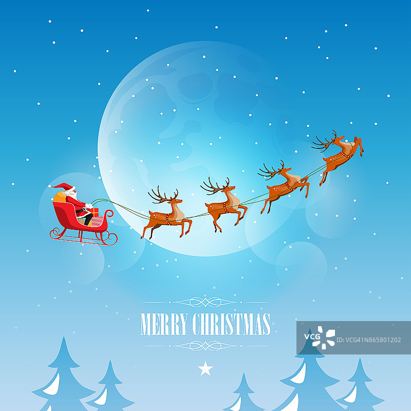 圣诞快乐，圣诞老人雪橇与驯鹿，矢量插图图片素材